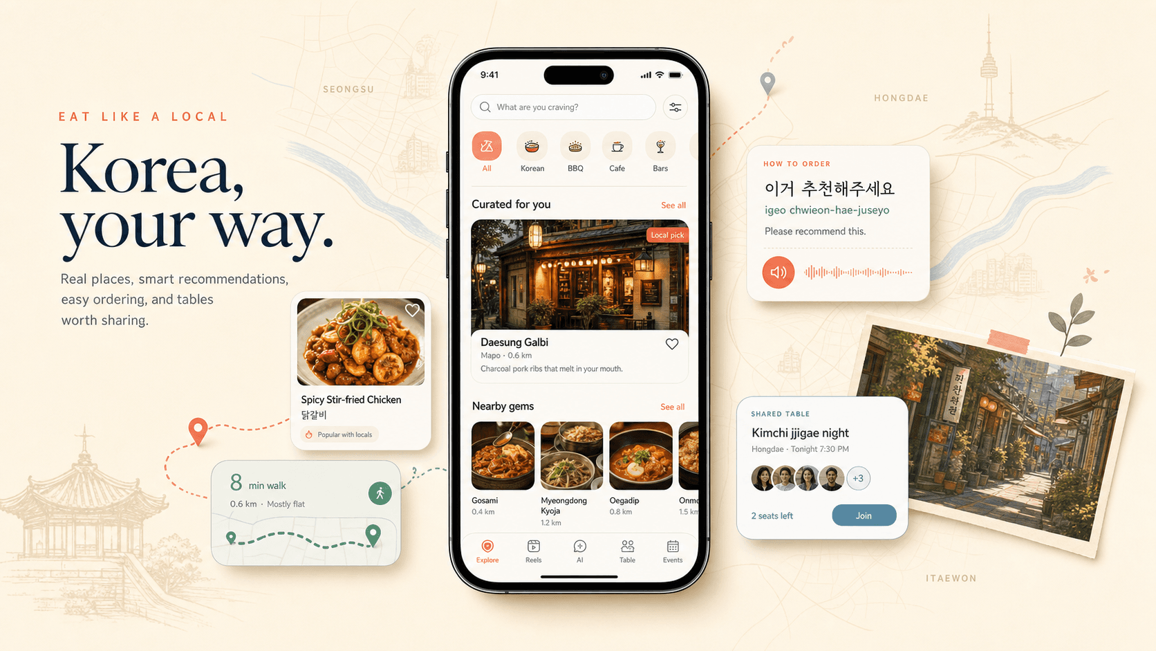 Jinjja Spot app showing Korean restaurant discovery, ordering help, and shared dining